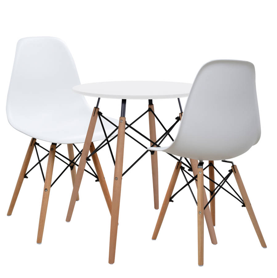 Dining Suites - Rounded Table with Two Wooden Leg Chairs - White Colour