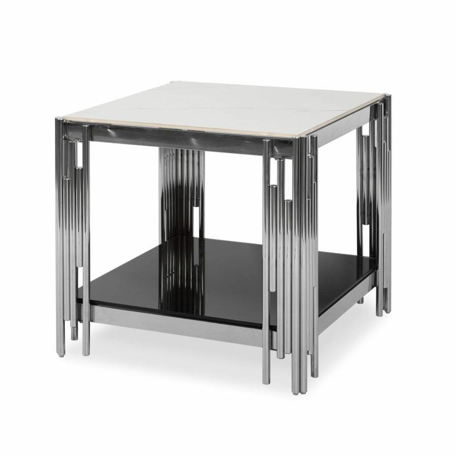 Side / End Tables - Faux Marble Top - With Stainless Steel Base - Silver