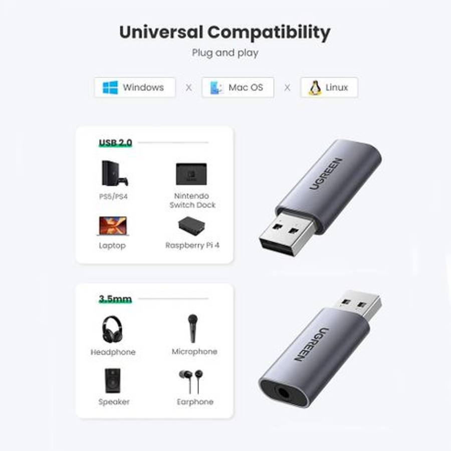 Ugreen - CM383-80864 USB-A to 3.5mm Audio Jack External Sound Adapter - Silver - Ugreen - CM383-8...