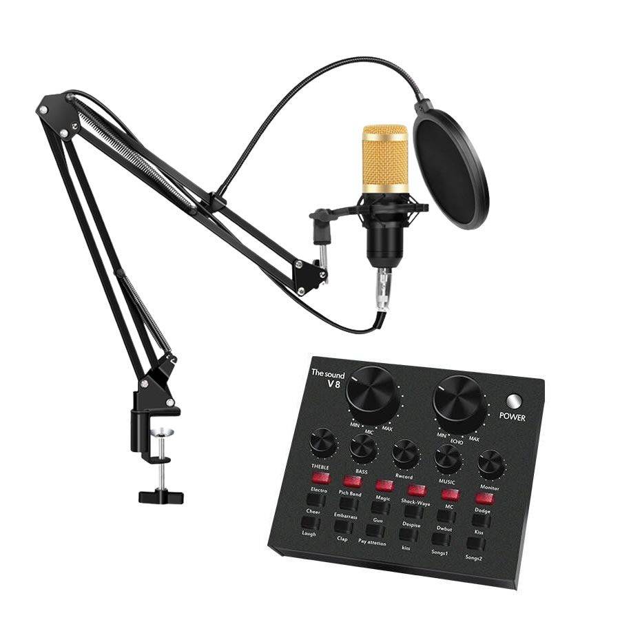 Professional Recording Microphone Soundcard Set M800 Pro Condenser Microphone Kit V8 Sound Card Gold