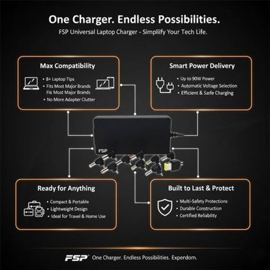 FSP - NB PRO 90W Universal Laptop Adapter - Black - FSP - NB PRO 90W Universal Laptop Adapter - B...