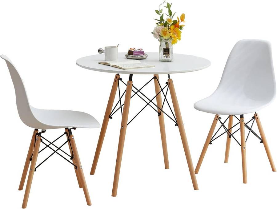 Dining Suites - Rounded Table with Two Wooden Leg Chairs - White Colour