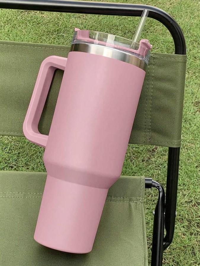Double Wall Travel Mug Stainless Steel Vacuum Flask with Straw Hot/Cold - Light Pink