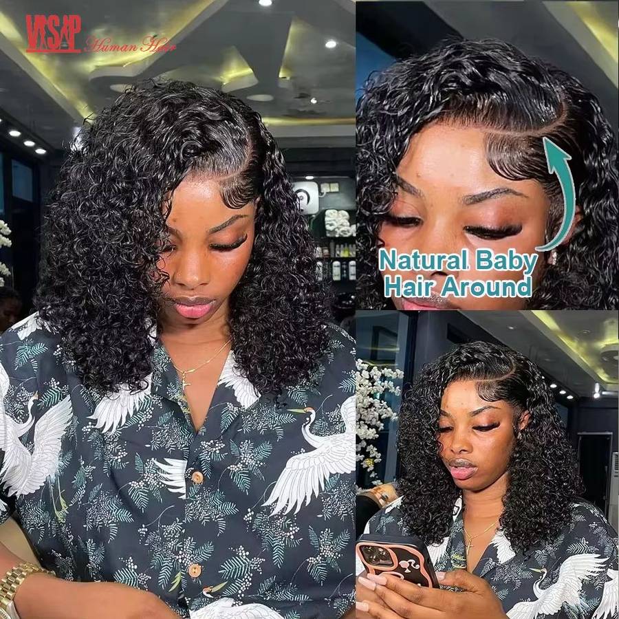 14" Curly Hair-Deep Wave Bob 13x4 Lace Frontal Wig Glueless