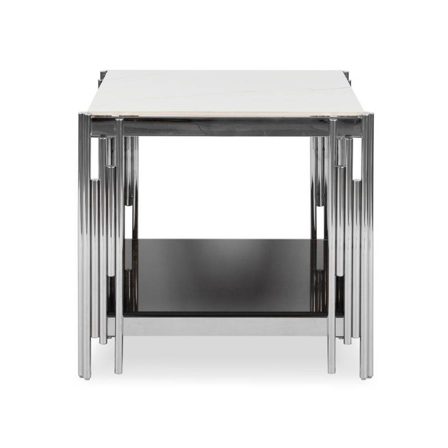 Side / End Tables - Faux Marble Top - With Stainless Steel Base - Silver