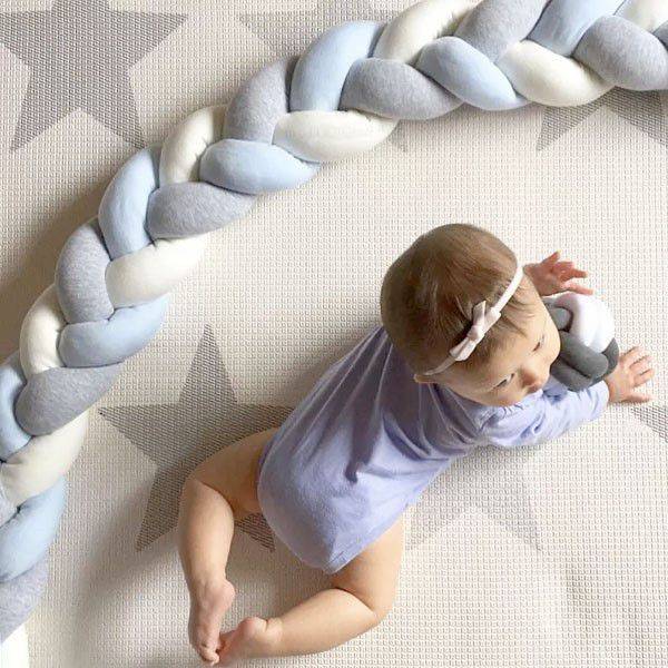 Baby Crib Bumper Knotted Braided Plush  GreyWhiteBlue