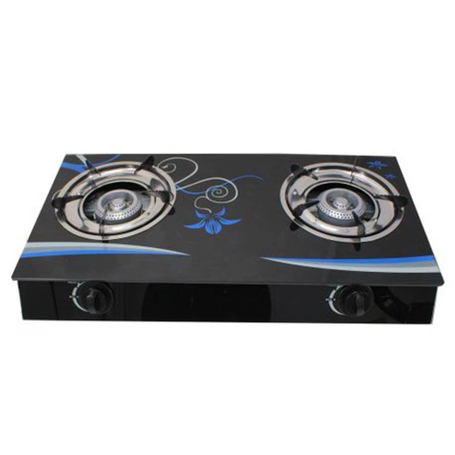 Two-Burner Auto-Ignition Tempered Glass Panel Gas Stove - Blue Petal (PLEASE READ DESCRIPTION)
