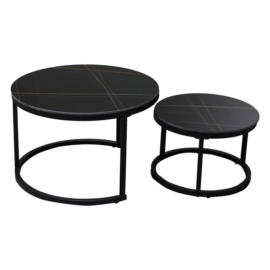 Coffee Tables -Nesting Set of 2 - Rounded Faux Marble Top Black Colour