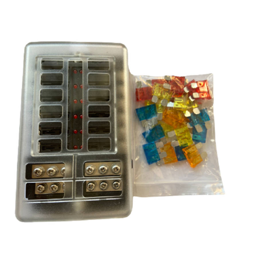 Fuse Box - 1 in and 12 out with Negative Bus and LED Indicator Vehicle Accessory