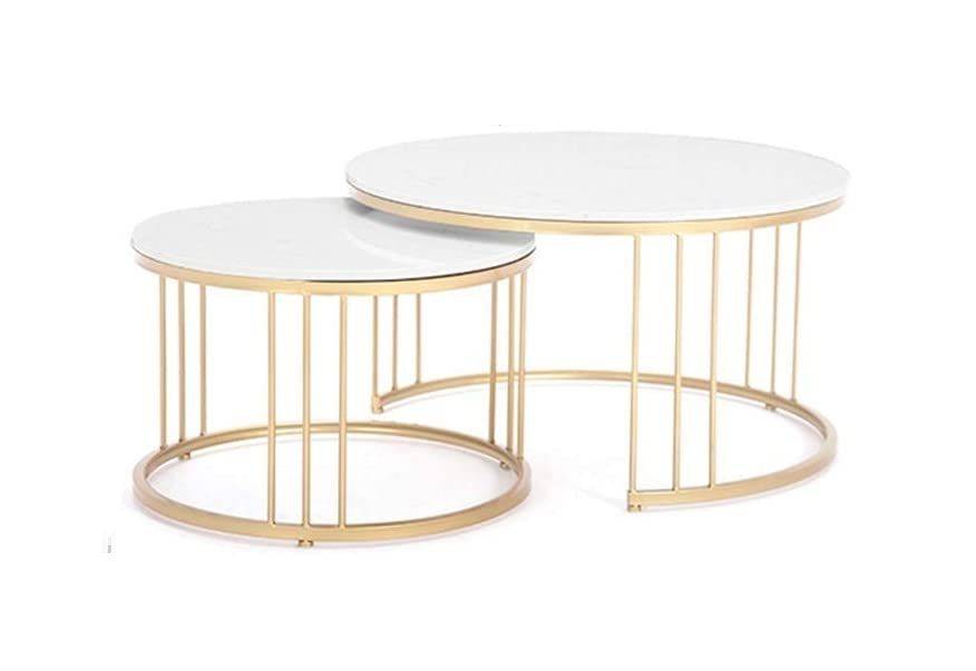 Coffee Table Set of 2  Rounded Marble Top  White / Gold Colours