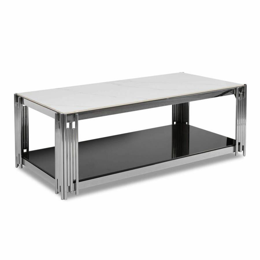 Coffee Tables - Rectangular Faux Marble Top with Steel Frame - Silve