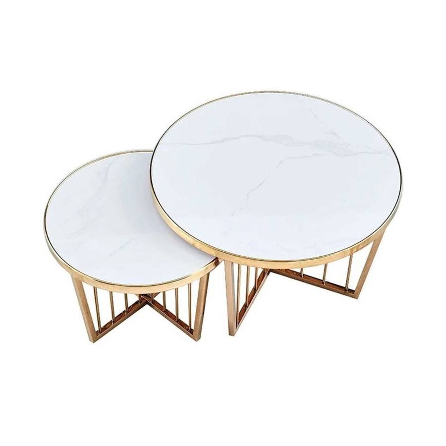 White, Gold Ceramic Round Coffee Table