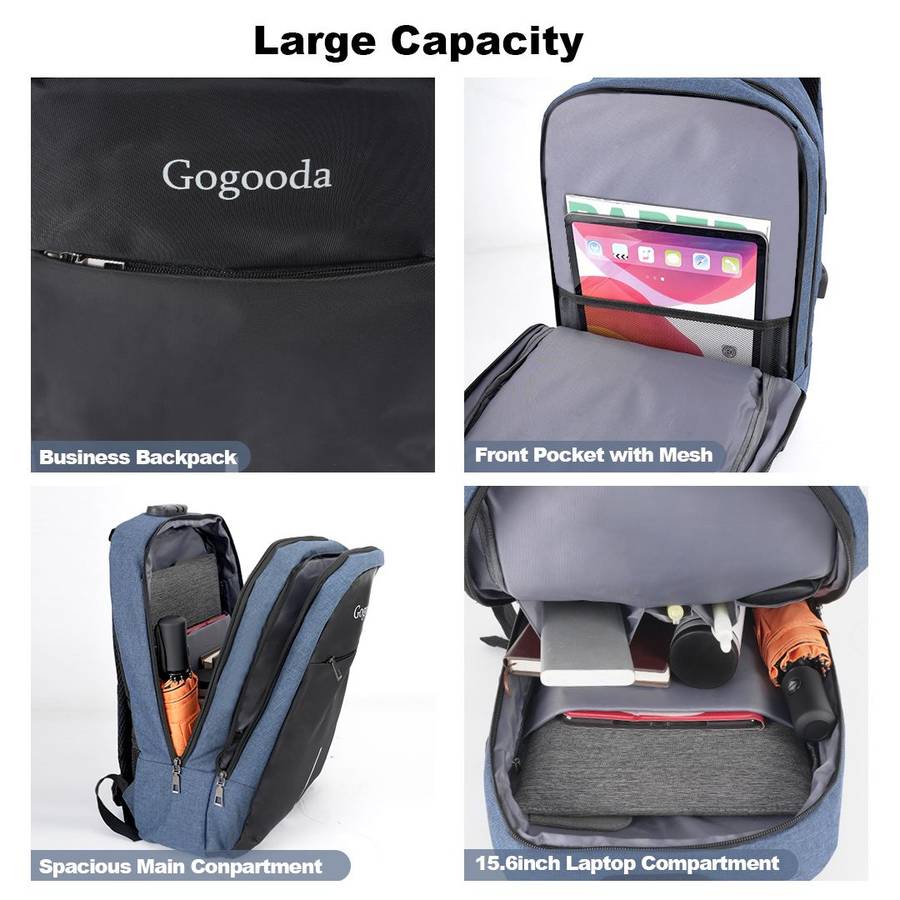 Anti-theft Travel Backpack Laptop School Bag with USB Charging Port - Navy Blue