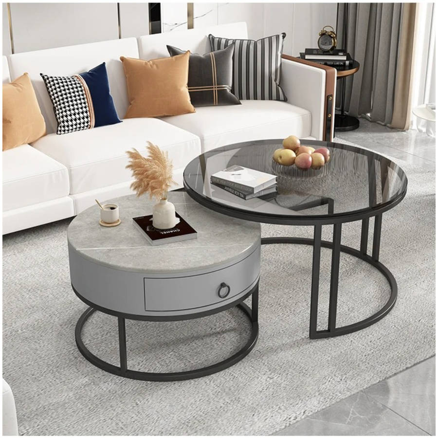 Modern Round Nesting Glass Top Coffee End Table and 1 Drawer Table