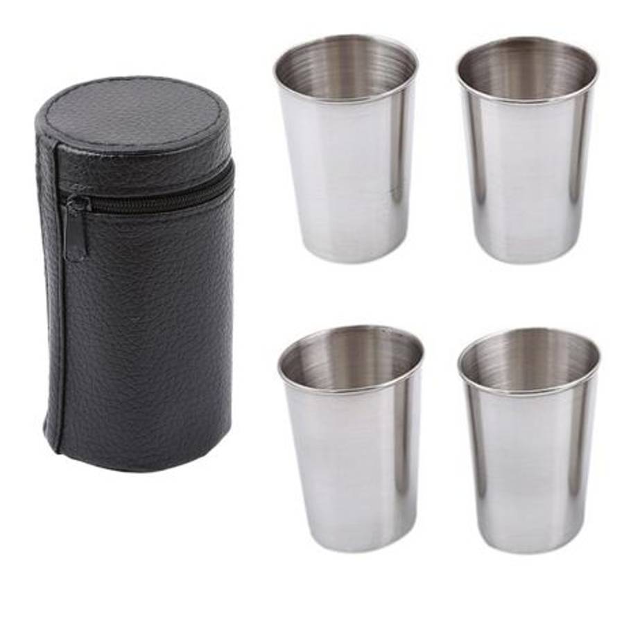 4 Pack Stainless Steel Travel Cup Set with Carry Pouch 180ml
