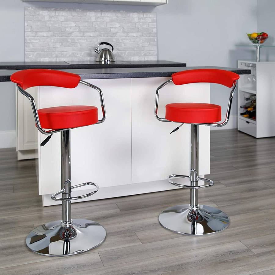 Bar Stools with Arms and Chrome Base - Set of 2 - Red Colour