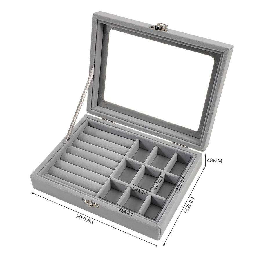 Compact Velvet Fabric Jewelry Storage Organizer Display Box-9 Grids-Grey
