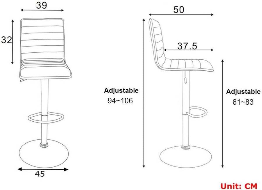 Adjustable Swivel Bar Stools-Faux Leather with High Backrest - Set of 2 - Black Colour