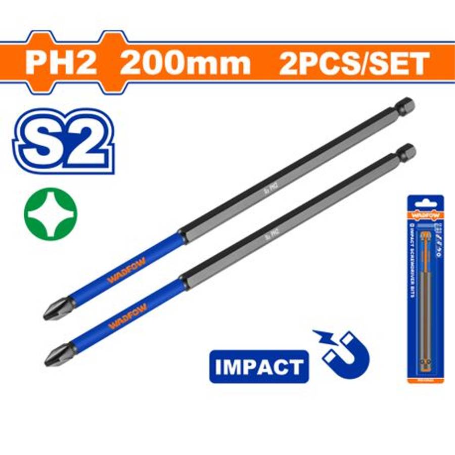 Wadfow - 2Pce Impact Screwdriver Bit Set (PH2) - 200mm - S2 Steel - Wadfow - 2Pce Impact Screwdri...