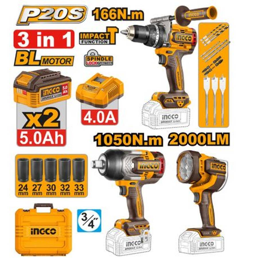 Ingco - Cordless Impact Drill, Impact Wrench and Work Lamp Combo Kit - Ingco - Cordless Impact Dr...