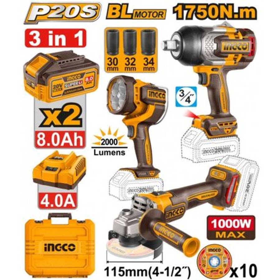 Ingco - Cordless Wrench, Angle Grinder, Work Light, Batteries & Charger Kit - Ingco - Cordless Wr...