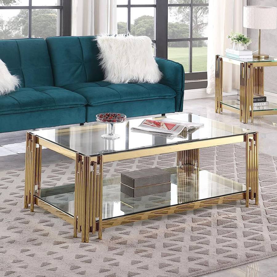 Rectangular Tempered Glass Top Coffee Table with Steel Frame-Gold or Silver