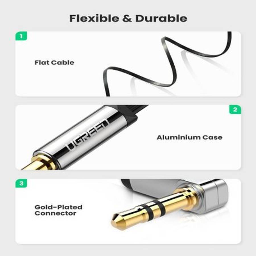UGreen AV119 Right-angled 3.5mm Flat Aux Cable 2m - Black/Silver - UGreen AV119 Right-angled 3.5m...