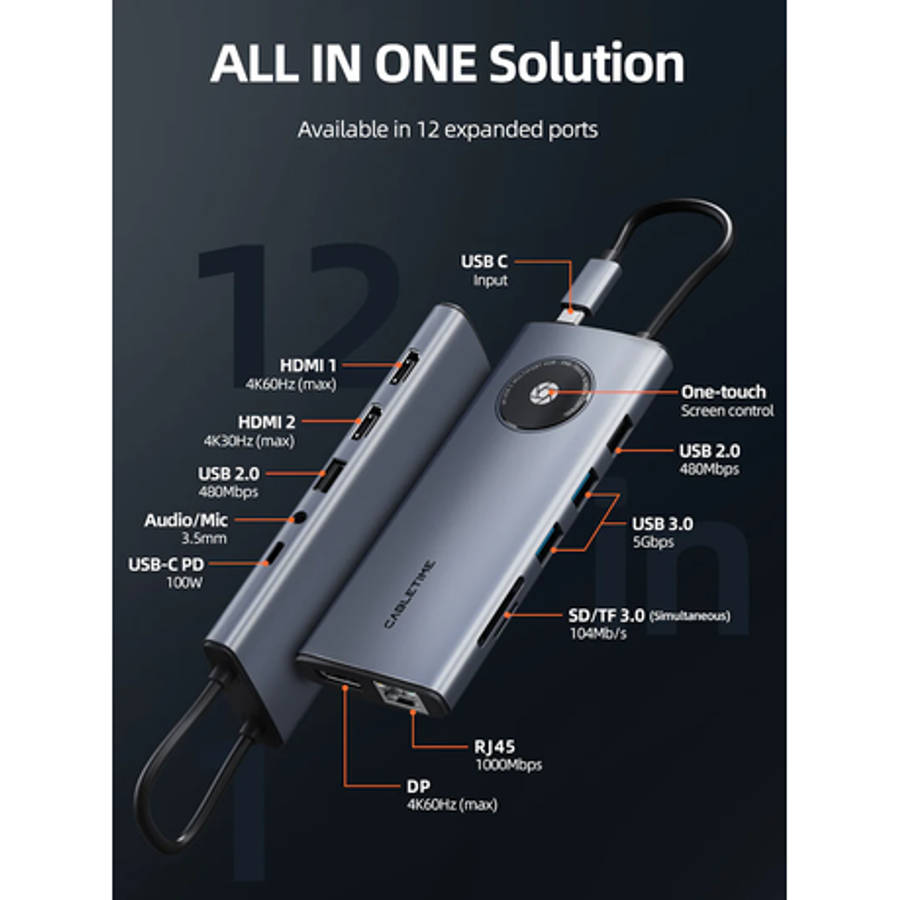 Cabletime - 12 IN 1 USB C Hub with 2 HDMI 1 DisplayPort for Laptop - Cabletime - 12 IN 1 USB C Hu...