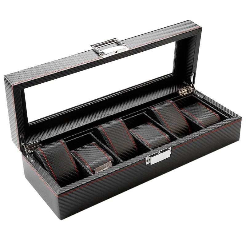 Jack Brown Luxury 6-Slot Carbon Fiber Watch Display Box - Black and Red(DISPLAY MODEL)