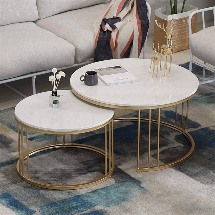 Coffee Table Set of 2  Rounded Marble Top  White / Gold Colours