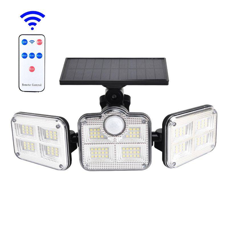 122 LED Solar Motion Sensor Outdoor Rotatable 3 Head Light with Remote 30W