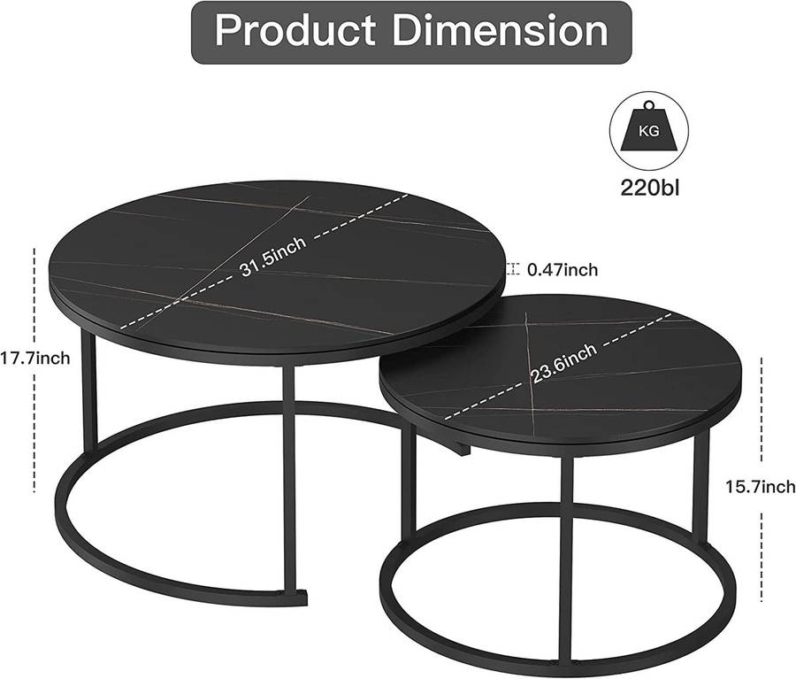 Coffee Tables -Nesting Set of 2 - Rounded Faux Marble Top Black Colour