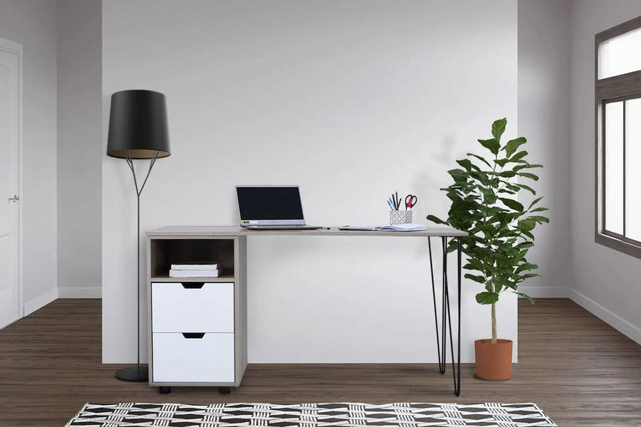 Office / Home Computer Desk with Two Drawers - - Oak (Nature Wood Grain ) / White