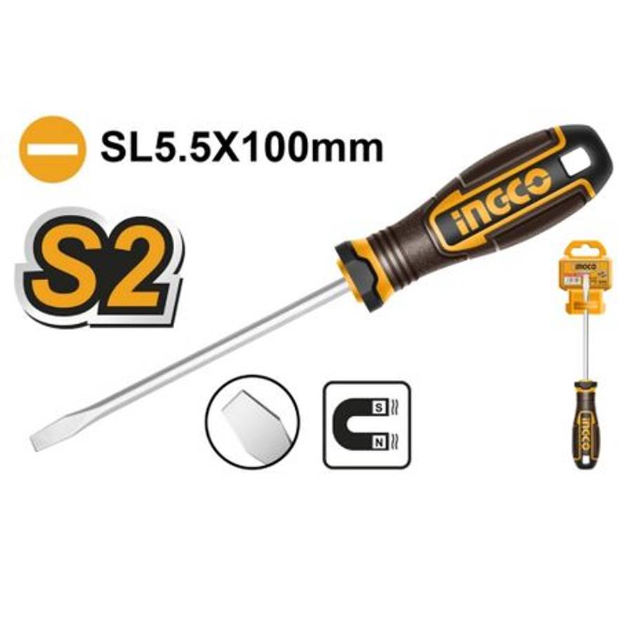 Ingco - Magnetic S2 Slotted Screwdriver (5.5 × 100 mm) - Ingco - Magnetic S2 Slotted Screwdriver...