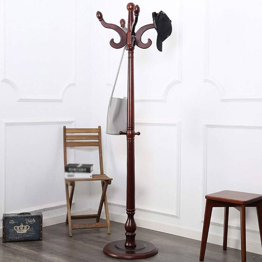 Wooden Coat hanger / Rack, 8 Hook Round Base Coat Stand - Brown Colour