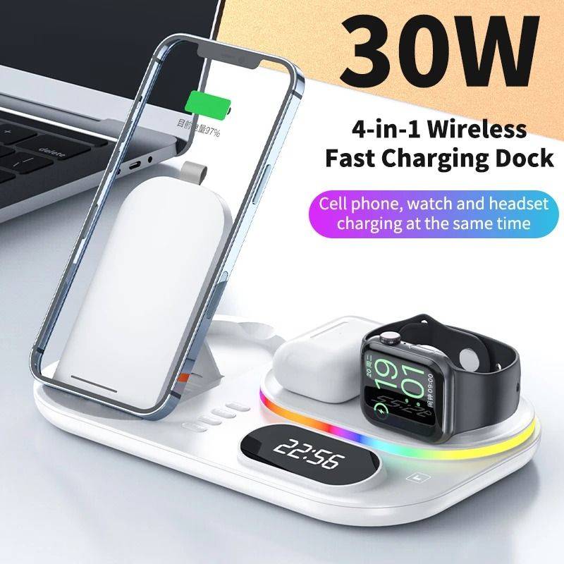 Andowl 30W 4 in 1 Wireless Charging Dock With RGB Lights and Clock