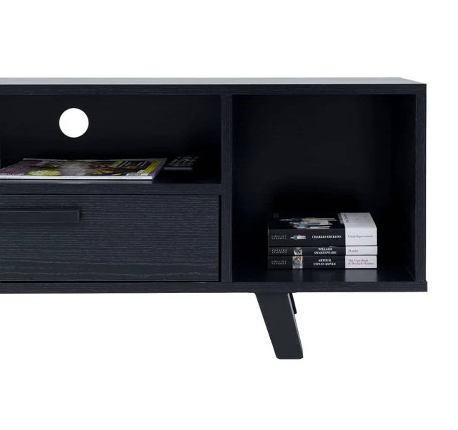 Modern TV Unit with Hinged Storage Door & Open Shelves - MDF Superwood - Black