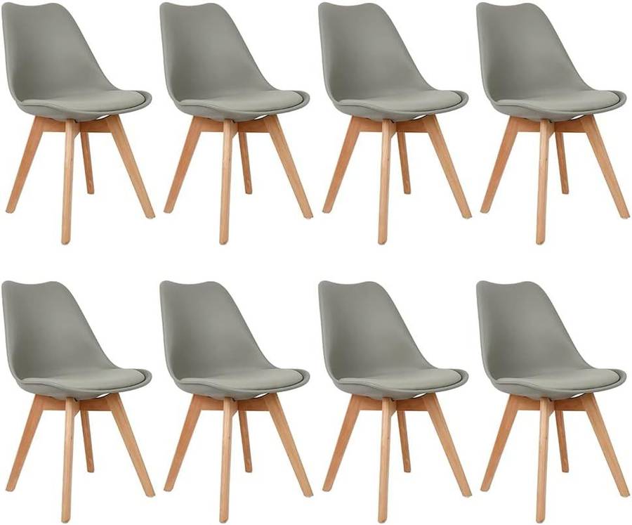 Modern and trendy padded chairs with wooden legs-8 Pack - Grey