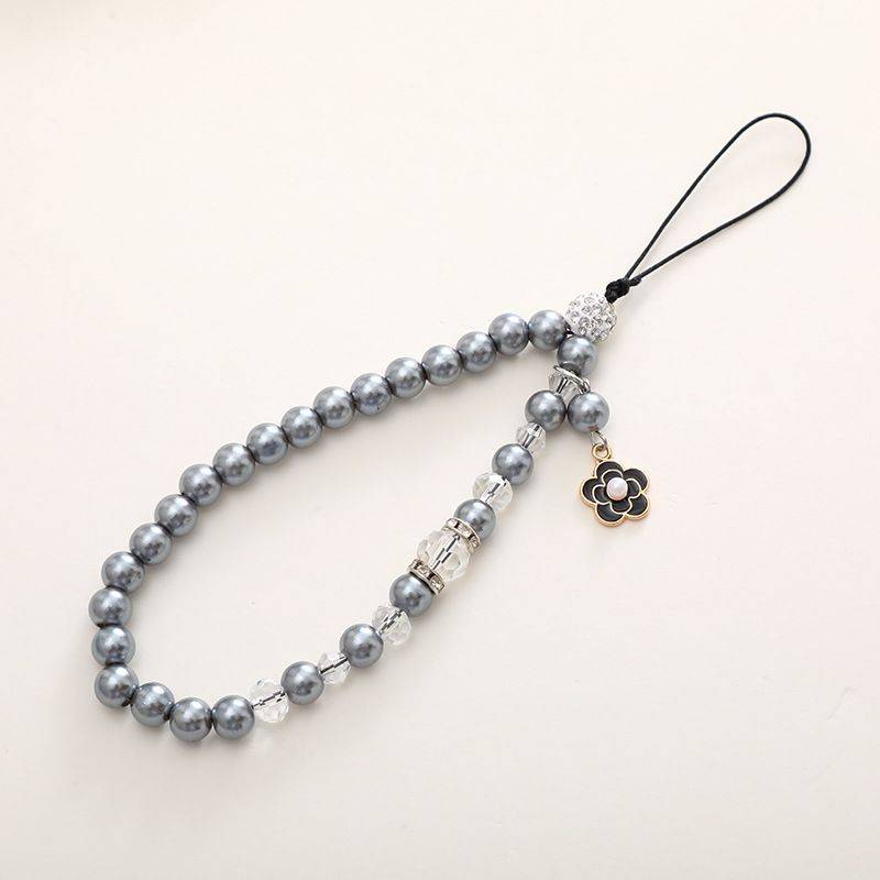Beaded Crystal Pearls Phone Charm Chain with Patch - Black