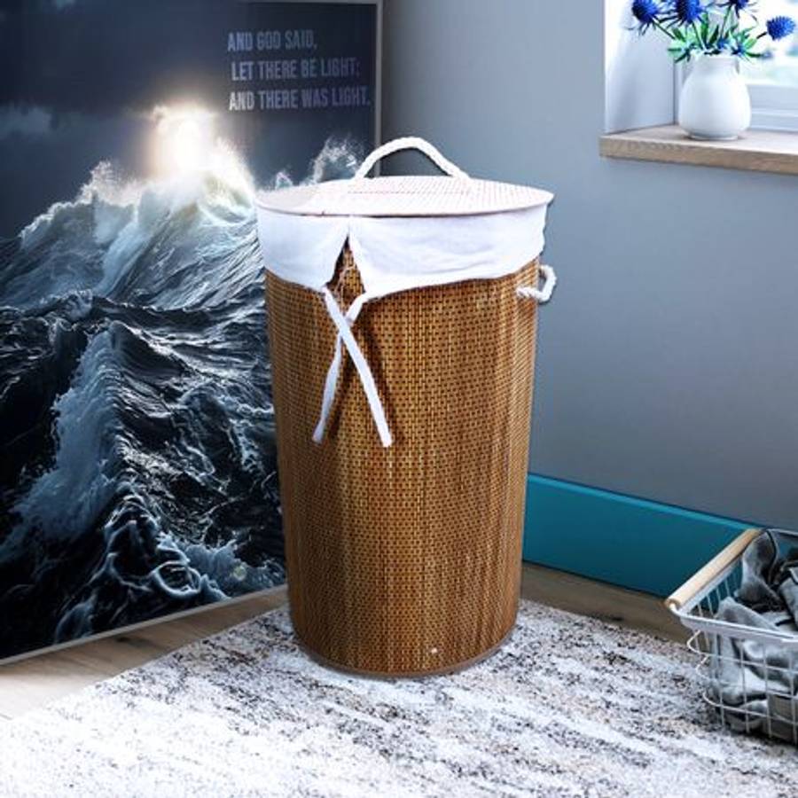 55 Litre Foldable Round Bamboo Laundry Basket & Removable Inner Bag