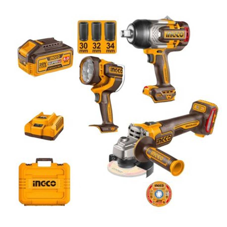 Ingco - Cordless Wrench, Angle Grinder, Work Light, Batteries & Charger Kit - Ingco - Cordless Wr...