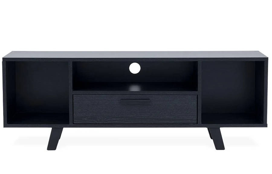Modern TV Unit with Hinged Storage Door & Open Shelves - MDF Superwood - Black