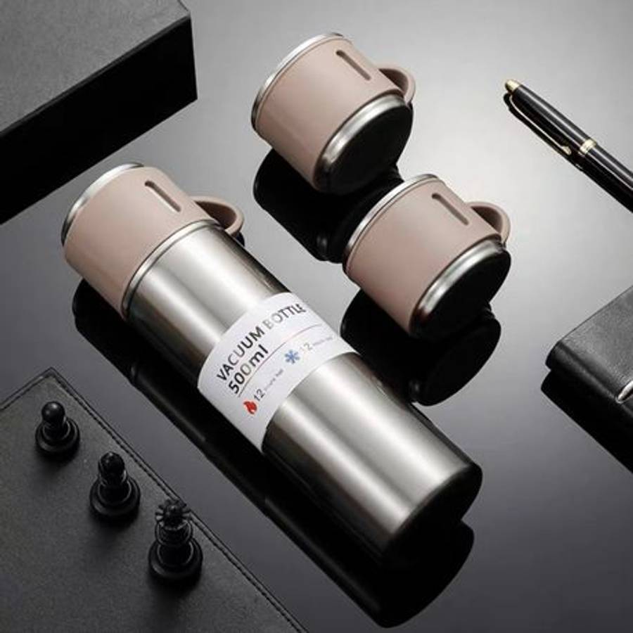 500ml Stainless Steel Double Wall Thermos Vacuum Flask and 3x 180ml Cups