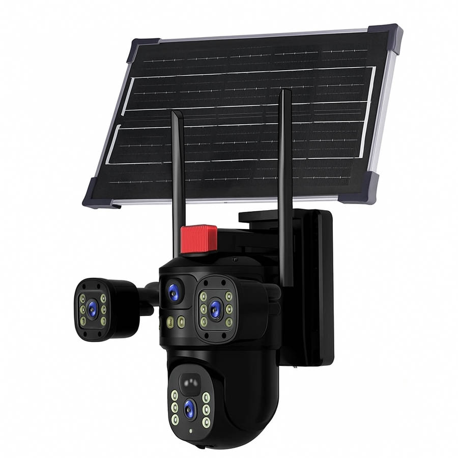 4-Lens Solar Security Camera  6MP Ultra HD, 4G LTE, Weatherproof, Panoramic View, No WiFi or Power