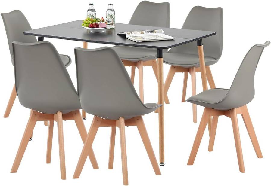 Black Dining Room Table With 6 Padded Grey Chairs