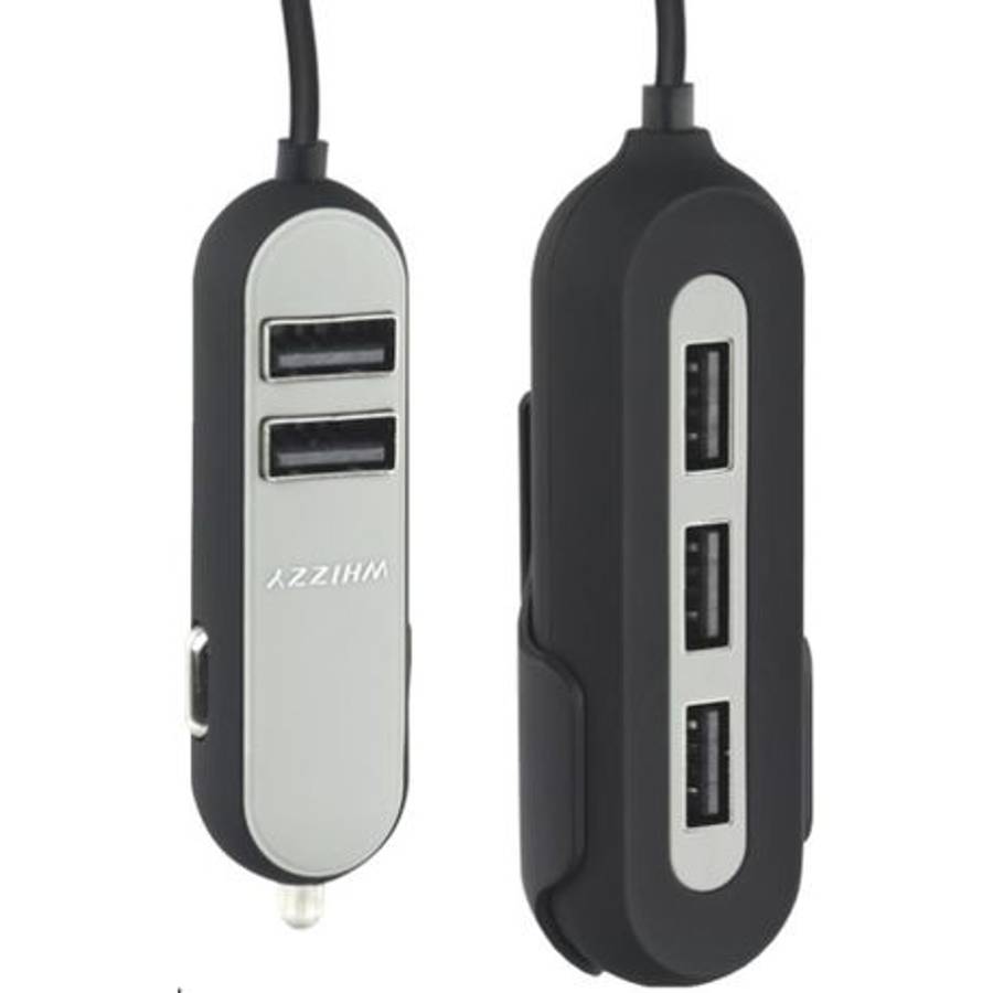 Whizzy 5 Port USB Family Car Charger - Black 1.5m Cable