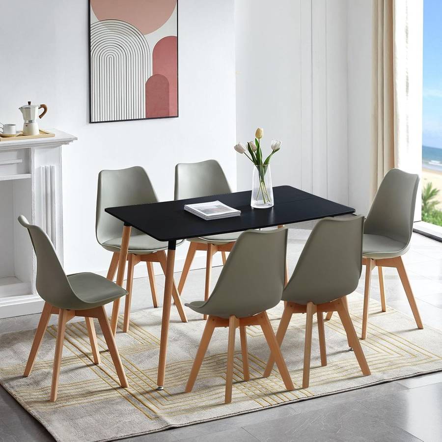 Black Dining Room Table With 6 Padded Grey Chairs