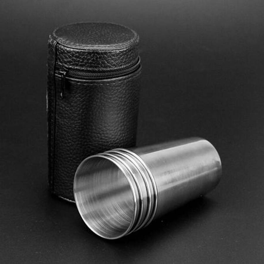4 Pack Stainless Steel Travel Cup Set with Carry Pouch 180ml