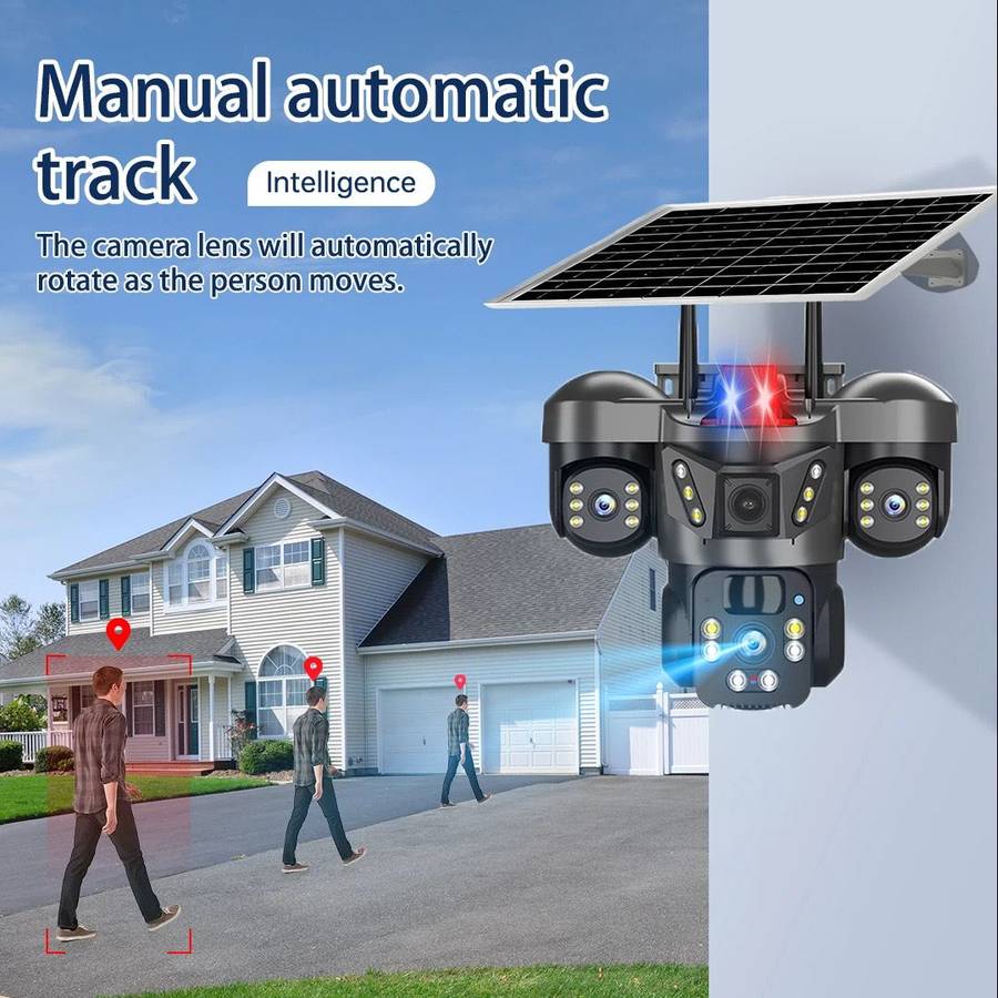 Solar Security Wi-Fi Camera, 3 lenses, 12MP, night vision, waterproof.
