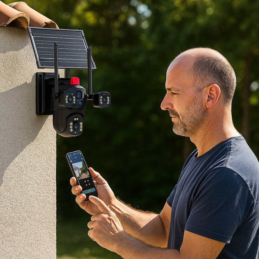 4-Lens Solar Security Camera  6MP Ultra HD, 4G LTE, Weatherproof, Panoramic View, No WiFi or Power